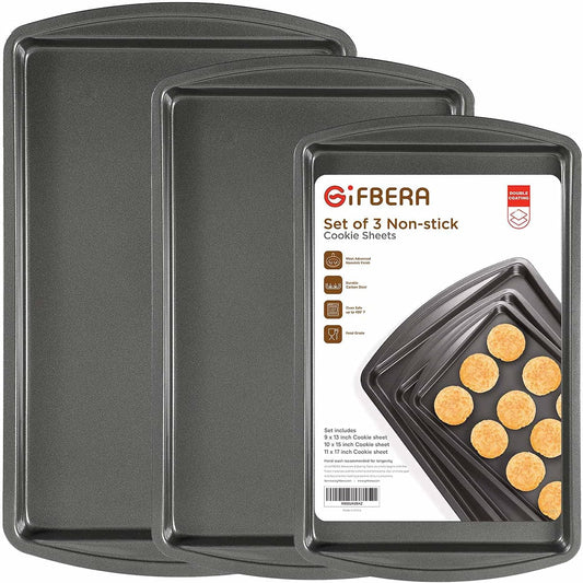 3-Piece Cookie Sheet Pan Nonstick Set for Baking Oven with Double Coating and Warp Resistant, Gray