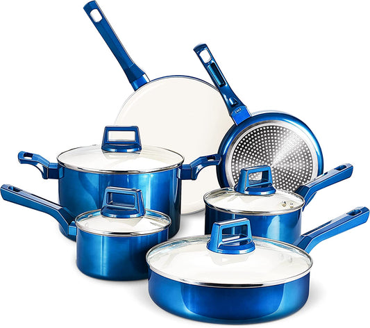 10 Pcs Pots and Pans Sets, Nonstick Cookware Set, Induction Pan Set, Chemical-Free Kitchen Sets, Saucepan, Saute Pan with Lid, Frying Pan, Blue